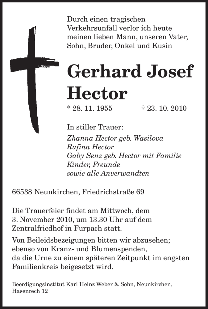  Traueranzeige für Gerhard Josef Hector vom 30.10.2010 aus SAARBRÜCKER ZEITUNG