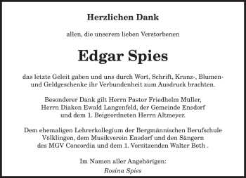 Traueranzeige von Edgar Spies von SAARBRÜCKER ZEITUNG