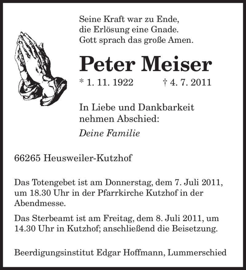  Traueranzeige für Peter Meiser vom 06.07.2011 aus SAARBRÜCKER ZEITUNG