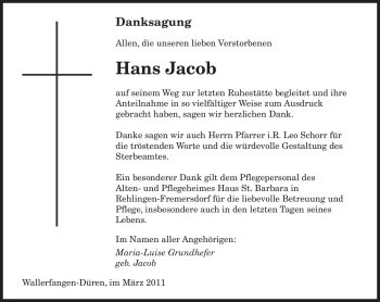 Traueranzeige von Hans Jacob von SAARBRÜCKER ZEITUNG