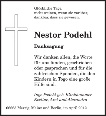 Traueranzeige von Nestor Podehl von SAARBRÜCKER ZEITUNG