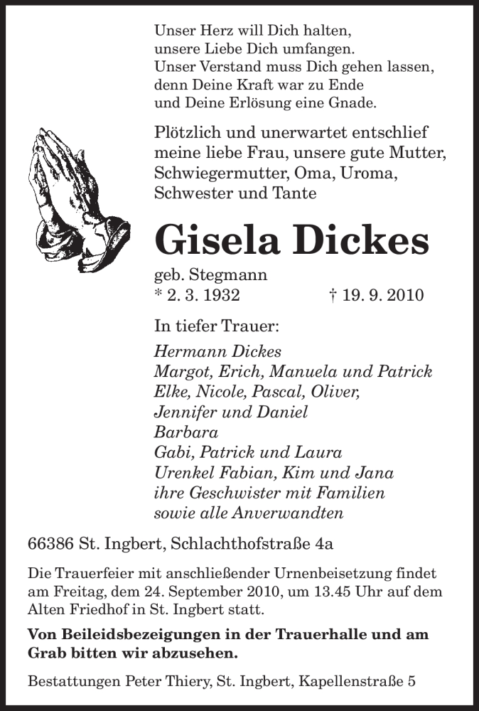  Traueranzeige für Gisela Dickes vom 21.09.2010 aus SAARBRÜCKER ZEITUNG