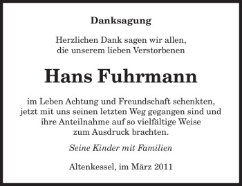 Traueranzeige von Hans Fuhrmann von SAARBRÜCKER ZEITUNG