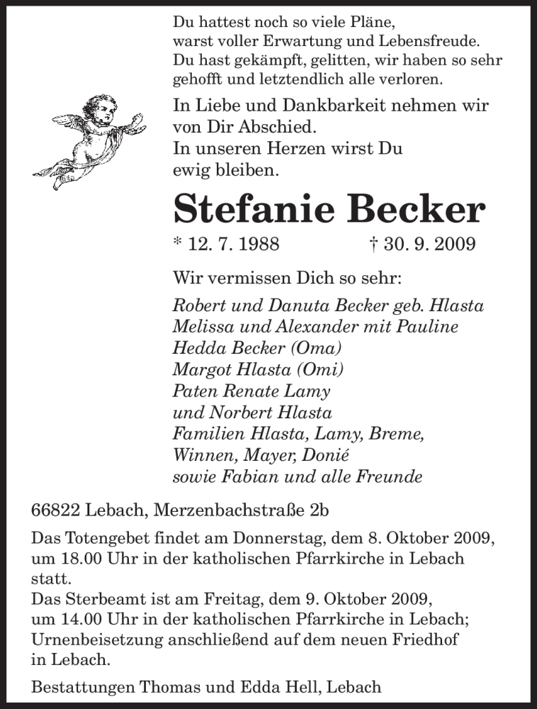  Traueranzeige für Stefanie Becker vom 07.10.2009 aus SAARBRÜCKER ZEITUNG