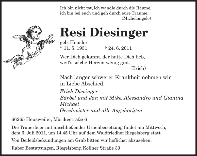  Traueranzeige für Resi Diesinger vom 02.07.2011 aus SAARBRÜCKER ZEITUNG