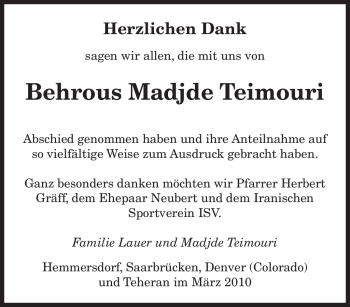 Traueranzeige von Behrous Madjde Teimouri von SAARBRÜCKER ZEITUNG