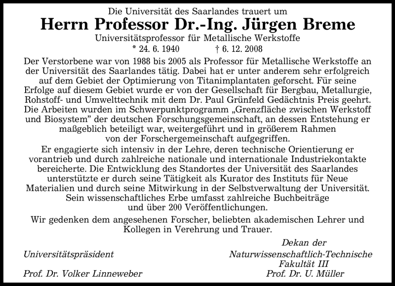  Traueranzeige für Jürgen Breme vom 17.12.2008 aus SAARBRÜCKER ZEITUNG