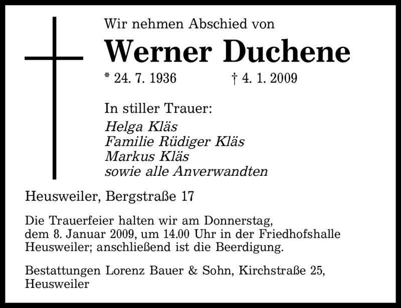  Traueranzeige für Werner Duchene vom 06.01.2009 aus SAARBRÜCKER ZEITUNG