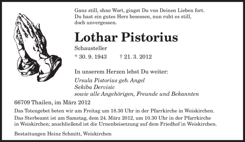  Traueranzeige für Lothar Pistorius vom 22.03.2012 aus SAARBRÜCKER ZEITUNG