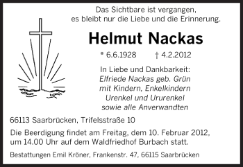 Traueranzeige von Helmut Nackas von SAARBRÜCKER ZEITUNG
