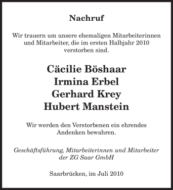 Traueranzeige von Irmina Erbel von SAARBRÜCKER ZEITUNG