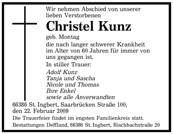 Traueranzeige von Christel Kunz von SAARBRÜCKER ZEITUNG