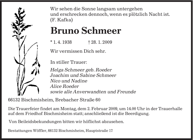  Traueranzeige für Bruno Schmeer vom 30.01.2009 aus SAARBRÜCKER ZEITUNG