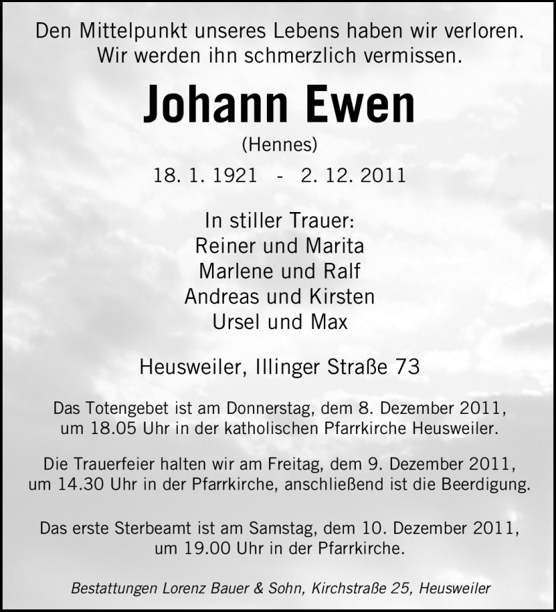  Traueranzeige für Johann Ewen vom 05.12.2011 aus SAARBRÜCKER ZEITUNG