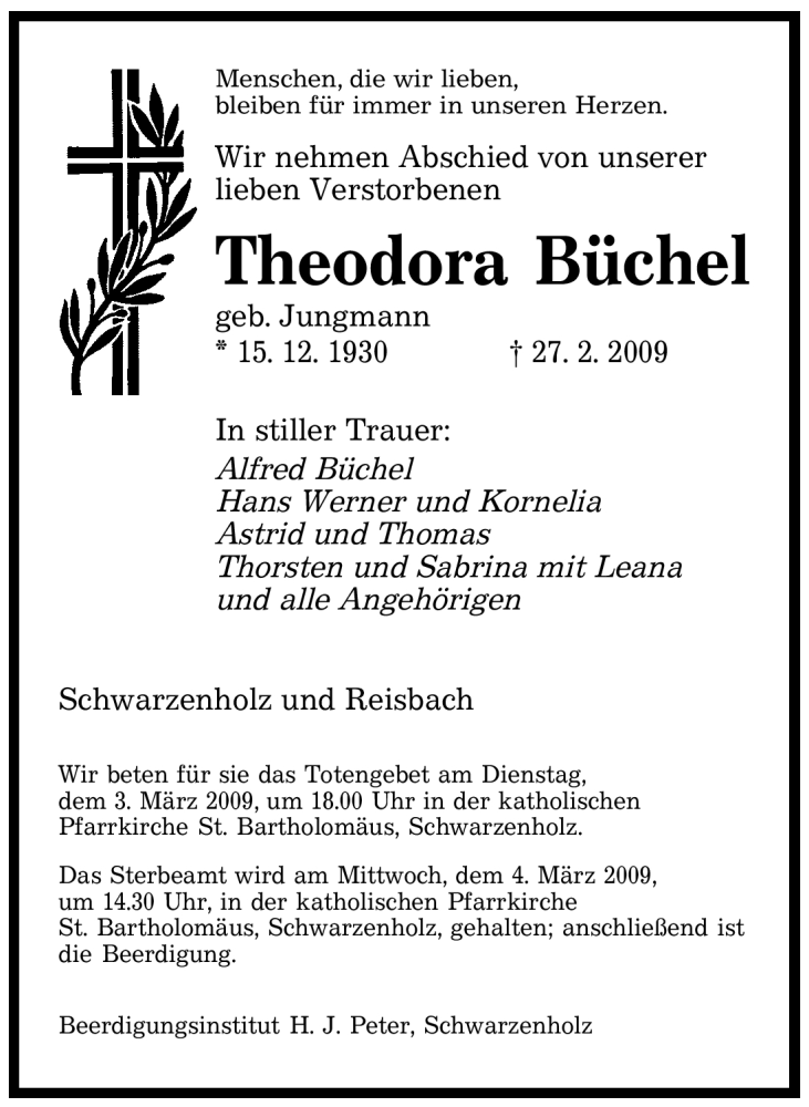  Traueranzeige für Theodora Büchel vom 02.03.2009 aus SAARBRÜCKER ZEITUNG