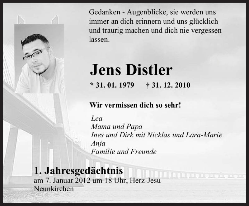  Traueranzeige für Jens Distler vom 31.12.2011 aus SAARBRÜCKER ZEITUNG