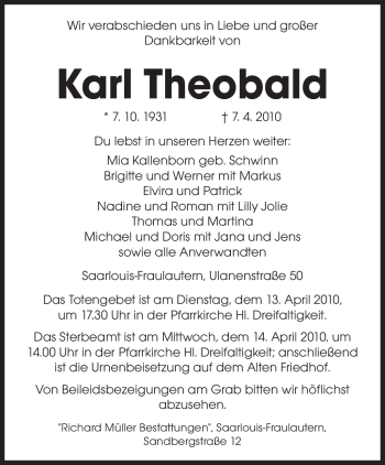Traueranzeige von Karl Theobald von SAARBRÜCKER ZEITUNG