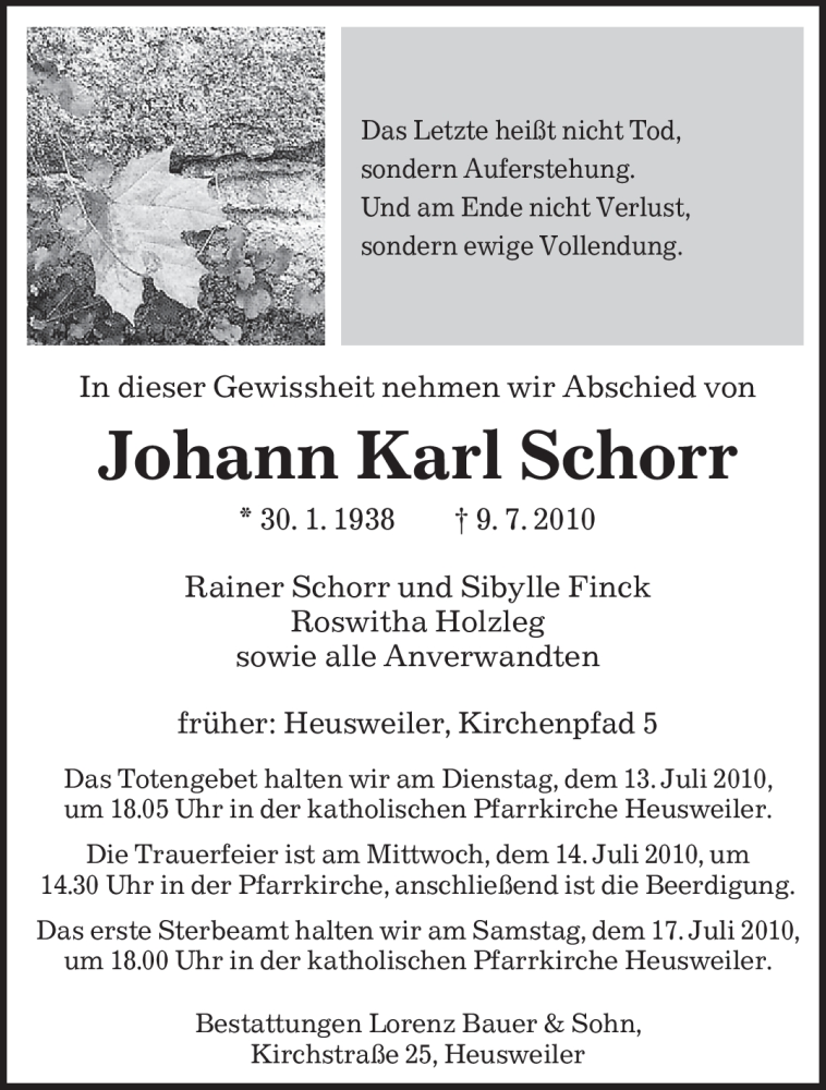  Traueranzeige für Johann Karl Schorr vom 10.07.2010 aus SAARBRÜCKER ZEITUNG