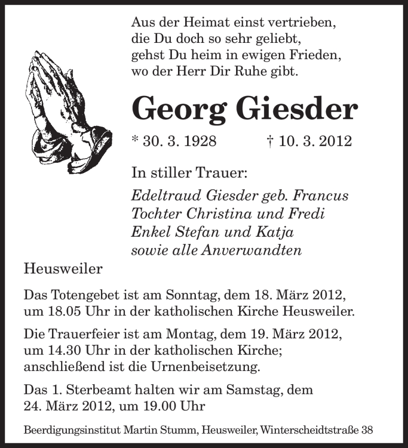  Traueranzeige für Georg Giesder vom 15.03.2012 aus SAARBRÜCKER ZEITUNG