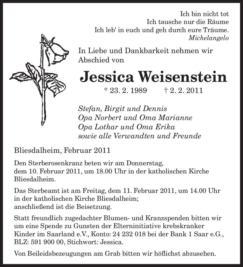  Traueranzeige für Jessica Weisenstein vom 08.02.2011 aus SAARBRÜCKER ZEITUNG