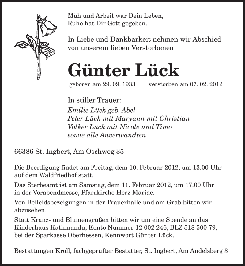  Traueranzeige für Günter Lück vom 09.02.2012 aus SAARBRÜCKER ZEITUNG