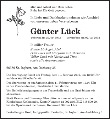 Traueranzeige von Günter Lück von SAARBRÜCKER ZEITUNG