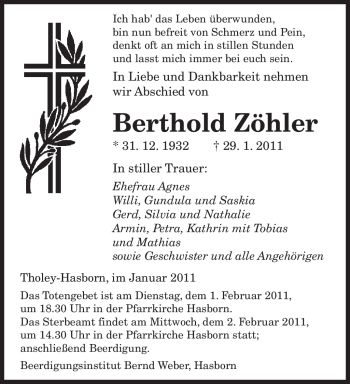 Traueranzeige von Berthold Zöhler von SAARBRÜCKER ZEITUNG