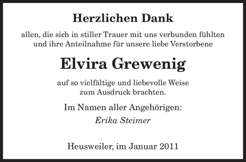  Traueranzeige für Elvira Grewenig vom 13.01.2011 aus SAARBRÜCKER ZEITUNG