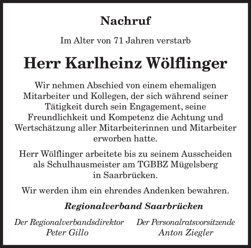  Traueranzeige für Karlheinz Wölflinger vom 20.04.2010 aus SAARBRÜCKER ZEITUNG