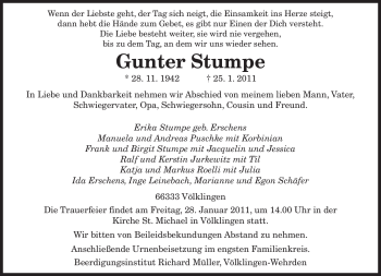 Traueranzeige von Gunter Stumpe von SAARBRÜCKER ZEITUNG