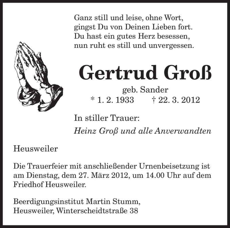 Traueranzeige für Gertrud Groß vom 24.03.2012 aus SAARBRÜCKER ZEITUNG