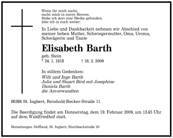 Traueranzeige von Elisabeth Barth von SAARBRÜCKER ZEITUNG