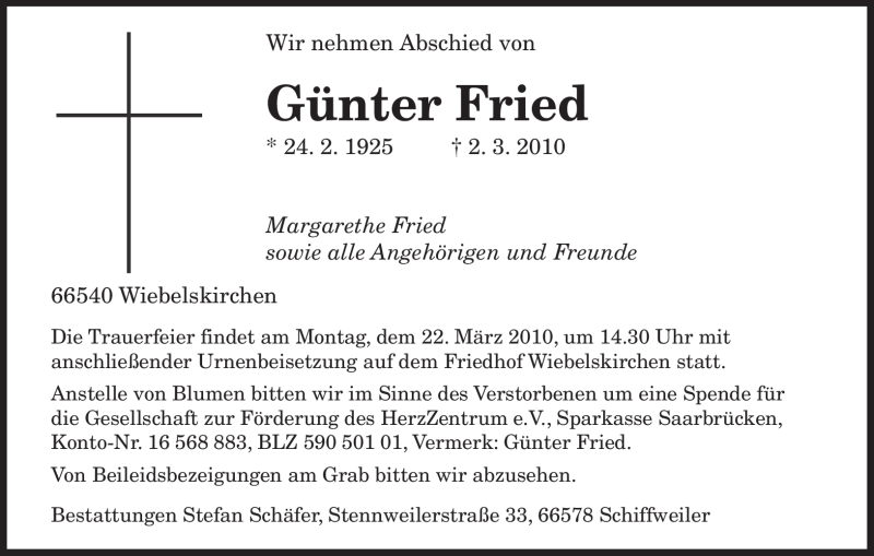 Traueranzeige für Günter Fried vom 17.03.2010 aus SAARBRÜCKER ZEITUNG