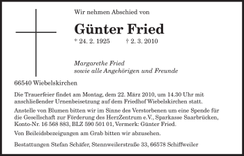 Traueranzeige von Günter Fried von SAARBRÜCKER ZEITUNG