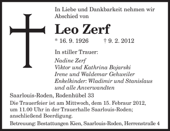Traueranzeige von Leo Zerf von SAARBRÜCKER ZEITUNG