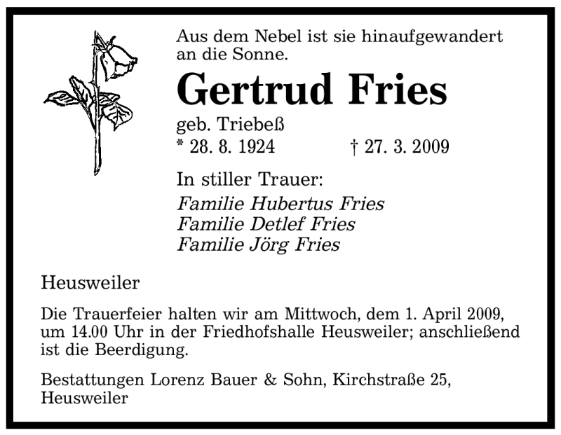  Traueranzeige für Gertrud Fries vom 28.03.2009 aus SAARBRÜCKER ZEITUNG