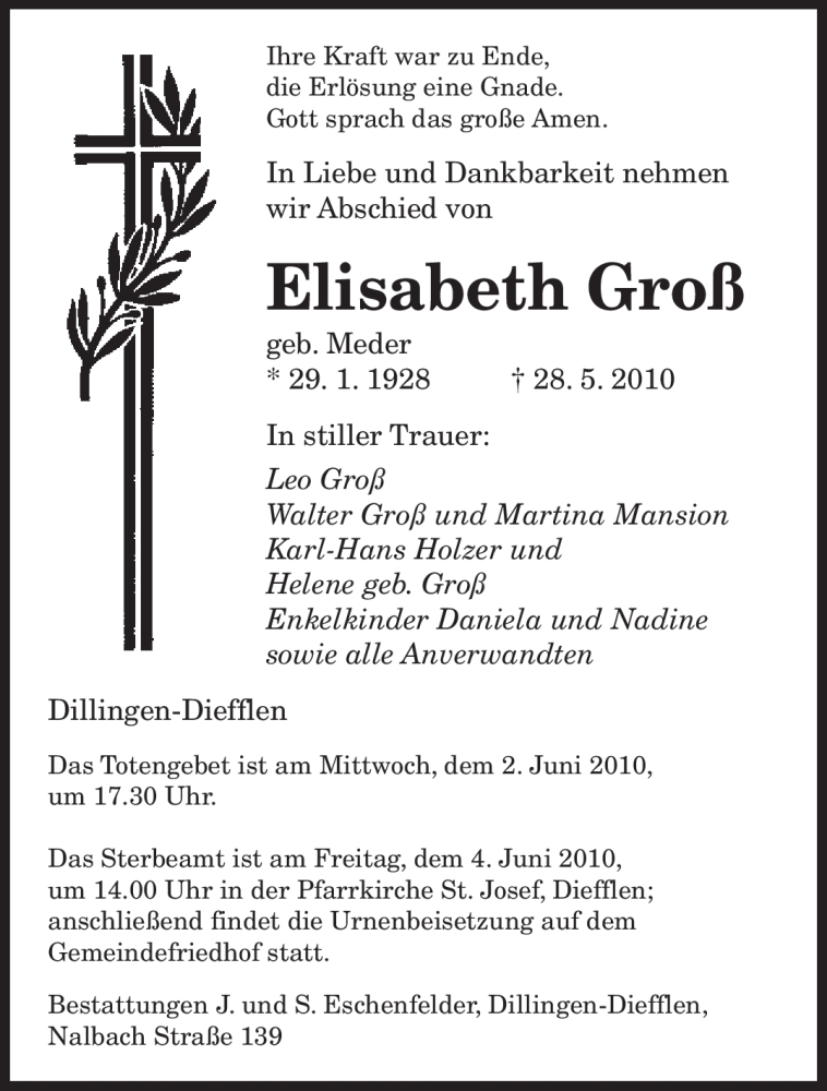 Traueranzeigen Von Elisabeth Groß | Saarbruecker-Zeitung.Trauer.de