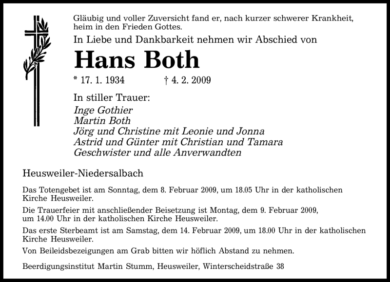  Traueranzeige für Hans Both vom 06.02.2009 aus SAARBRÜCKER ZEITUNG