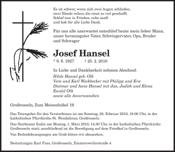 Traueranzeige von Josef Hansel von SAARBRÜCKER ZEITUNG