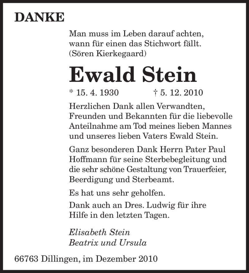  Traueranzeige für Ewald Stein vom 22.12.2010 aus SAARBRÜCKER ZEITUNG