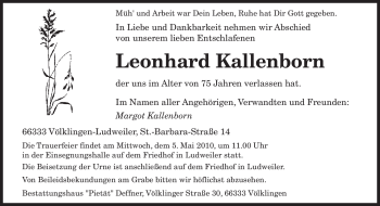 Traueranzeige von Leonhard Kallenborn von SAARBRÜCKER ZEITUNG