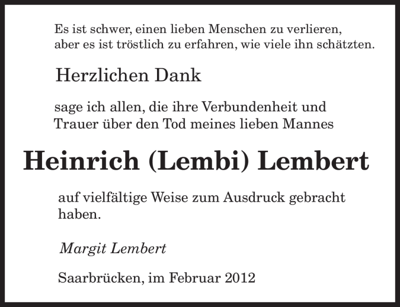  Traueranzeige für Heinrich Lembert vom 25.02.2012 aus SAARBRÜCKER ZEITUNG