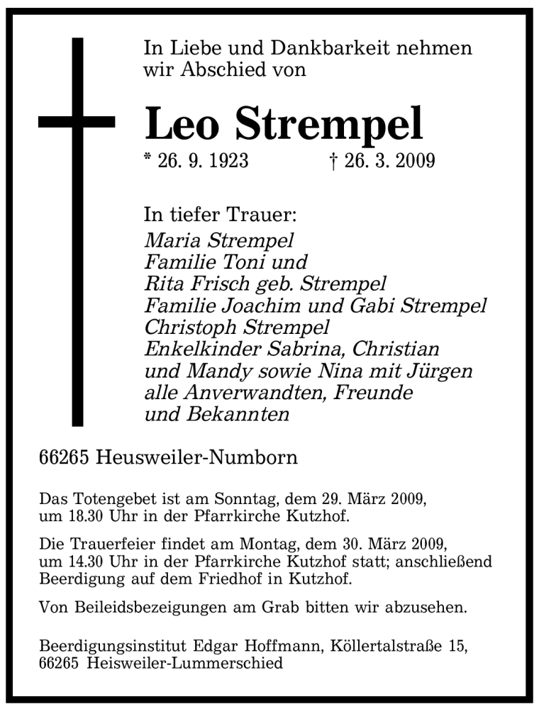  Traueranzeige für Leo Strempel vom 28.03.2009 aus SAARBRÜCKER ZEITUNG