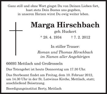 Traueranzeige von Marga Hirschbach von SAARBRÜCKER ZEITUNG
