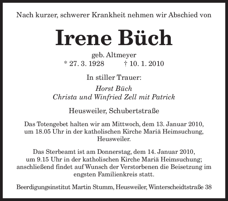  Traueranzeige für Irene Büch vom 12.01.2010 aus SAARBRÜCKER ZEITUNG