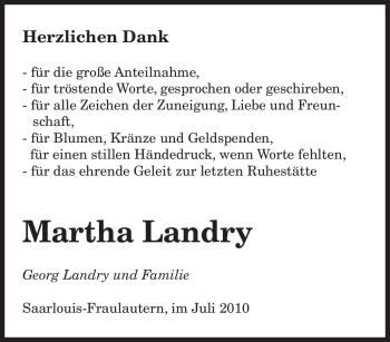 Traueranzeige von Martha Landry von SAARBRÜCKER ZEITUNG