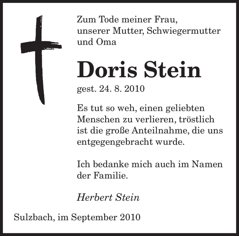  Traueranzeige für Doris Stein vom 10.09.2010 aus SAARBRÜCKER ZEITUNG