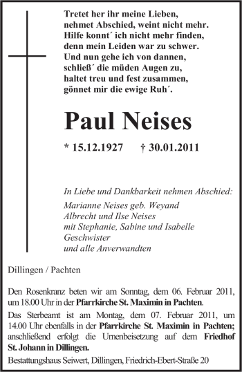 Traueranzeige von Paul Neises von SAARBRÜCKER ZEITUNG