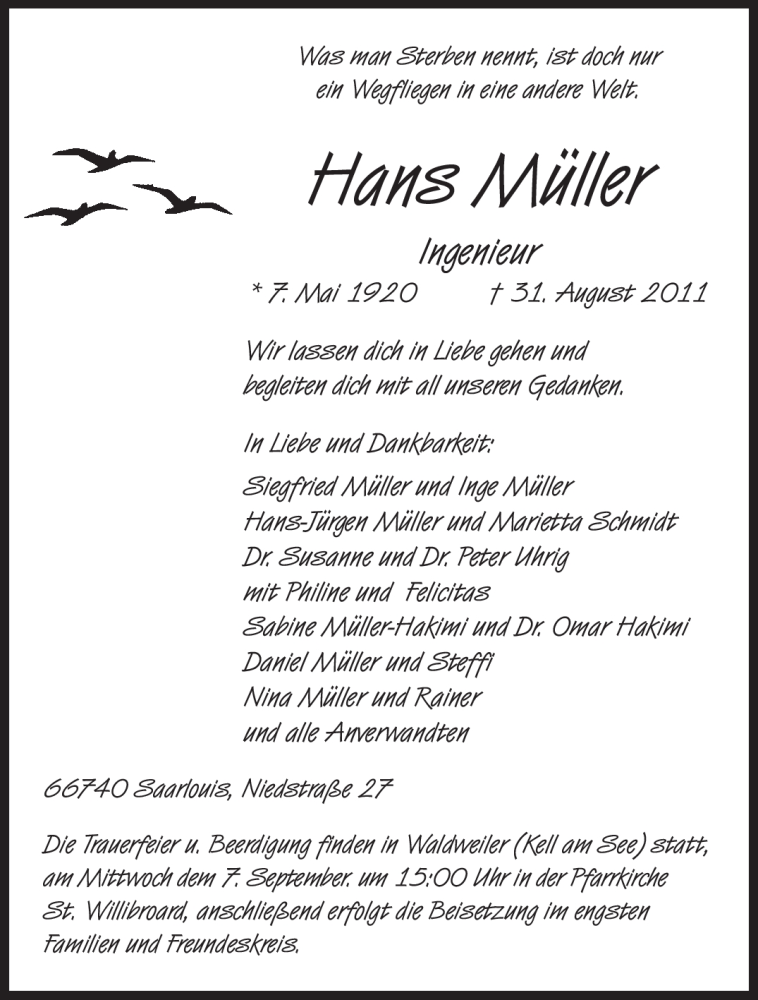  Traueranzeige für Hans Müller vom 03.09.2011 aus SAARBRÜCKER ZEITUNG