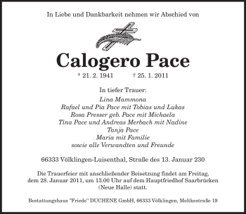 Traueranzeige von Calogero Pace von SAARBRÜCKER ZEITUNG